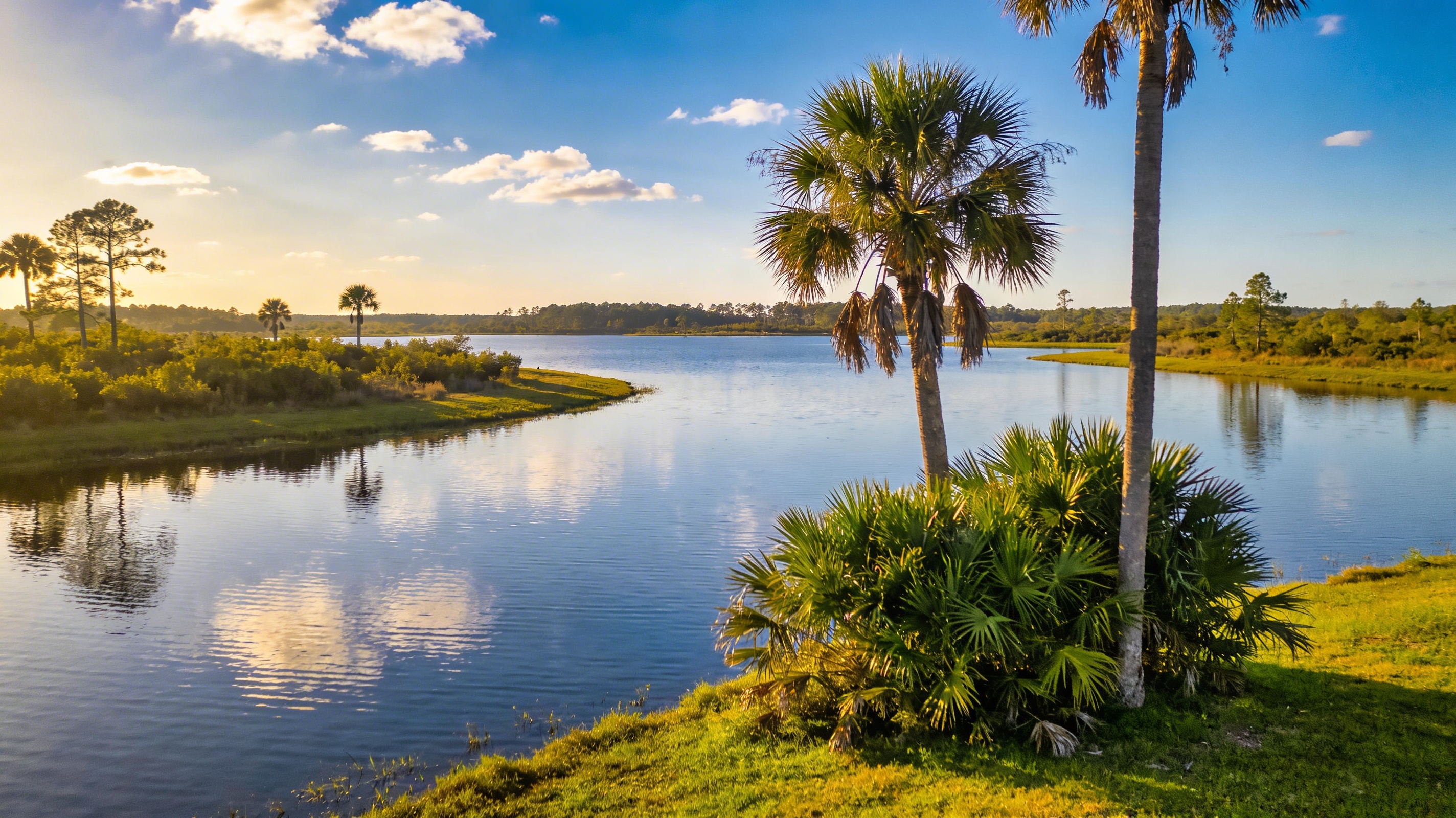 Scenic lake with palm trees in Highlands County FL near Sebring — hot Florida summers make reliable AC essential
